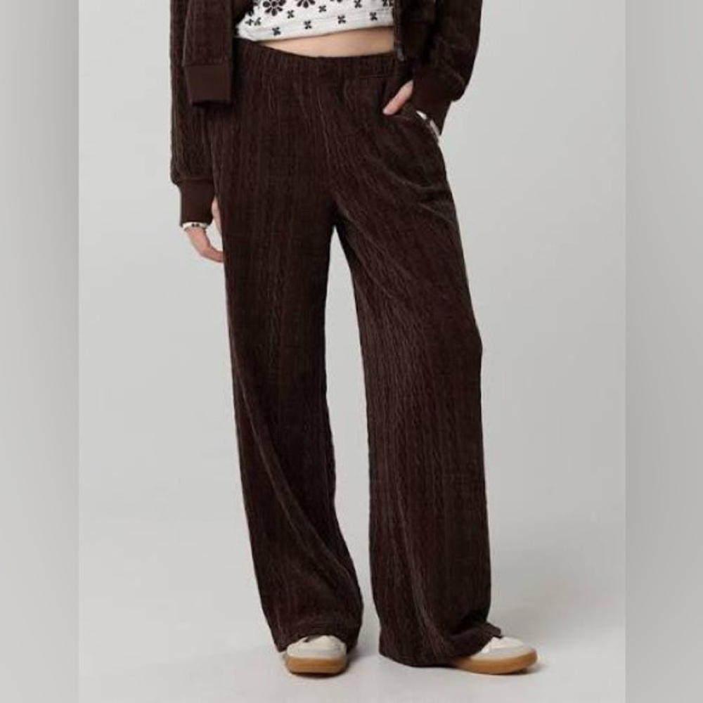 Aerie Offline Cable Knit Wide Leg Lounge Pants Chenille Trouser Brown Pull On - Picture 7 of 14